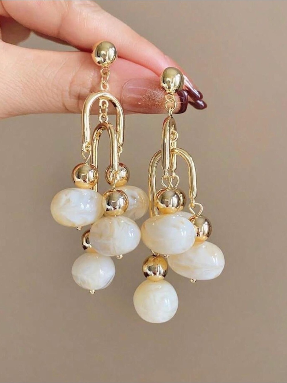 Gold and Cream Cluster Drop Earrings